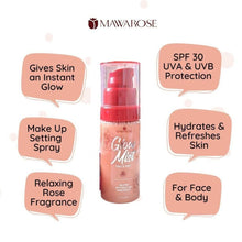 Load image into Gallery viewer, Mawarose Glow Mist with SPF30: 3-in-1 Instant Highlighter, Hydrating Mist &amp; Setting Spray for All Skin Types including Dry Skin &amp; Sensitive Skin
